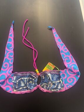 Women’s Pink & Blue Halter Bikini Top with Sequin Denim Panels